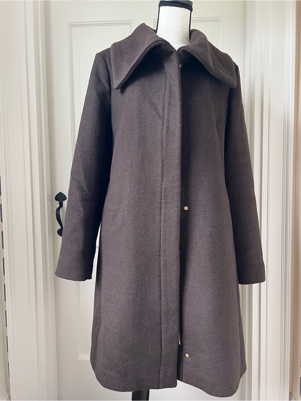 Cole Haan Brown Wool-Blend Pea Coat with Wide Collar
